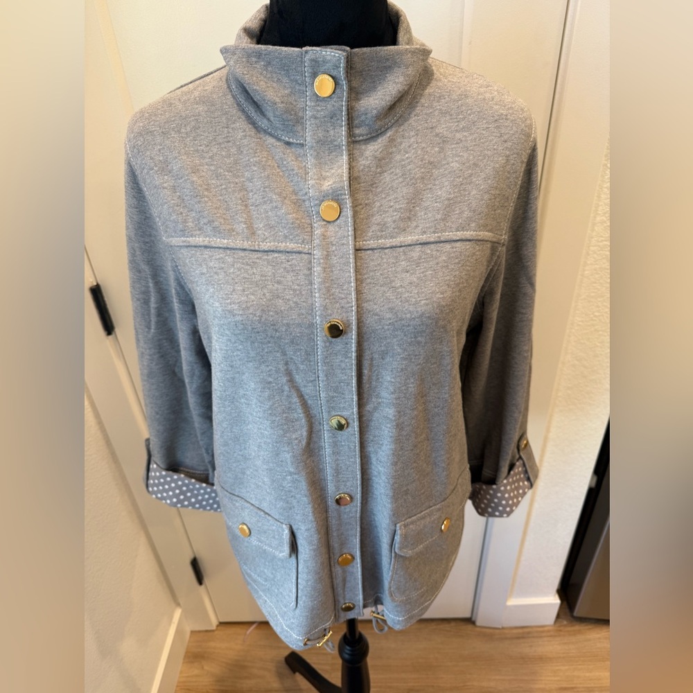 Jones New York Signature Gray Snap Front Utility Jacket Polka Dot Cuffs L - Picture 3 of 10